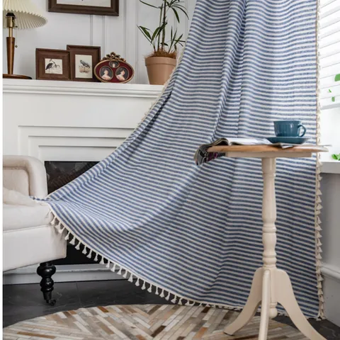 Rideaux Rayés en Coton Lin Avec Glands Pour Salon Chambre Style Américain Semi-occultant Poche à Tringle Crochet Panneau