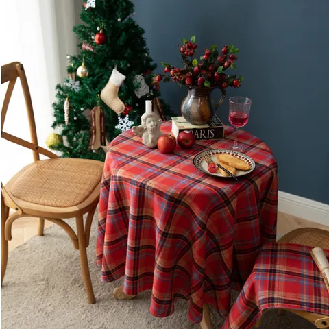 Nordisch Vintage Weihnachten Schottenkaro Rund Tischdecke Baumwolle Leinen Rot Grün Plaid Tischdecke Für Esszimmer Zuhause Party Dekoration