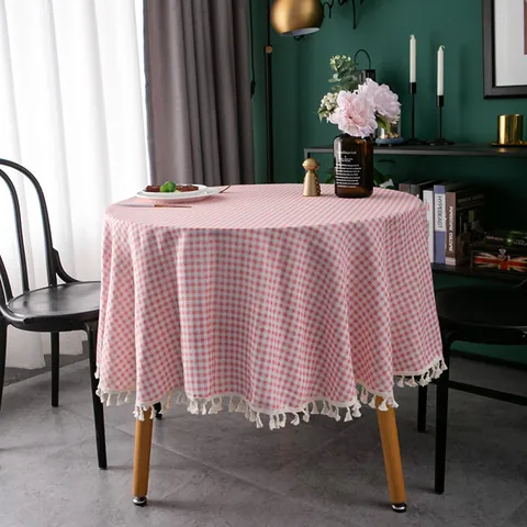 Mantel Redondo Nórdico de Algodón y Lino a Cuadros Patrón Geométrico Con Borlas Para Mesa de Comedor Decoración del Hogar Mantel de Cocina