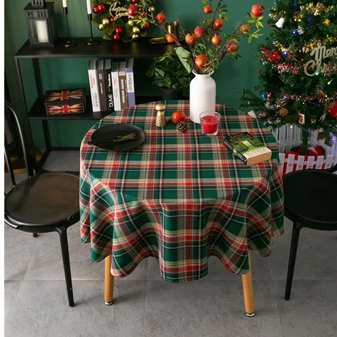 Christmas Plaid Round Tablecloth American Vintage Red Green Plaid Cotton Linen Dustproof Table Cover For Home Dining Party Decor