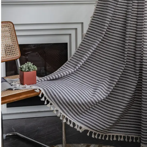 Rideaux Rayés en Coton Lin Avec Glands Pour Salon Chambre Style Américain Semi-occultant Poche à Tringle Crochet Panneau