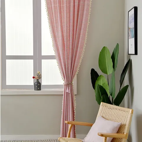 Japanischer Minimalistischer Vorhang Baumwolle Leinen Gestreift Mit Quasten Pompons Halbverdunkelung Für Wohnzimmer Schlafzimmer