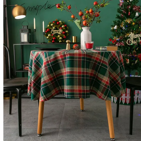 Christmas Plaid Round Tablecloth American Vintage Red Green Plaid Cotton Linen Dustproof Table Cover For Home Dining Party Decor