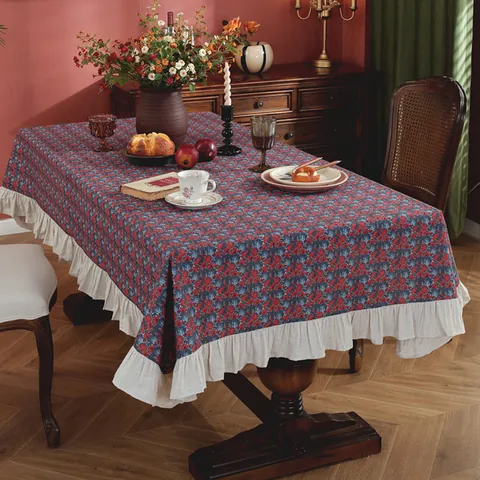 Vintage American Ruffle Tablecloth Rectangular Floral Print Linen Table Cloth For Dining Table Home Decor Atmosphere