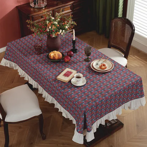 Vintage American Ruffle Tablecloth Rectangular Floral Print Linen Table Cloth For Dining Table Home Decor Atmosphere