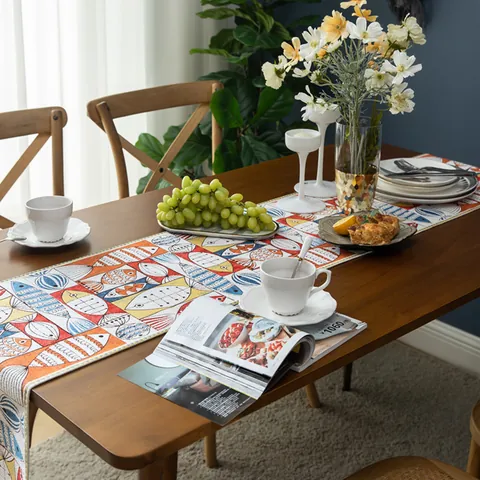 Chemin de Table Jacquard de Polyester Minimaliste Japonais Avec Motif Poisson Coloré Gland à Perles Fait Main Pour Décoration de Maison Salon
