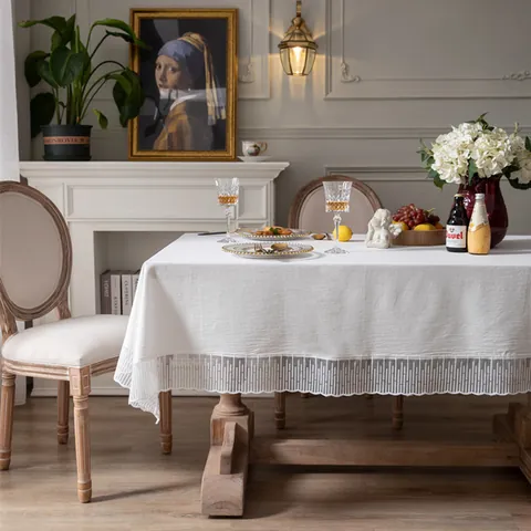 French Washed Cotton Tablecloth With Elegant Meteor Shower Lace Edge Solid Color Rectangular Round Table Cover For Dining Home Decor