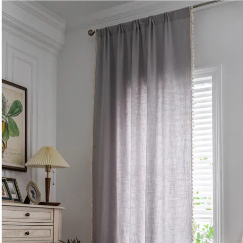 Nordisch Minimalistisch Baumwollleinen Vorhänge Mit Quasten Tunnelzug Haken Halbschattierung Slub Textur Fensterdekoration Wohnzimmer Schlafzimmer