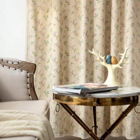 Pastoral Floral Cotton Linen Curtain Rod Pocket Hook Style Semi-Blackout Window Panel With Lace Trim For Living Room Bedroom Home Decor