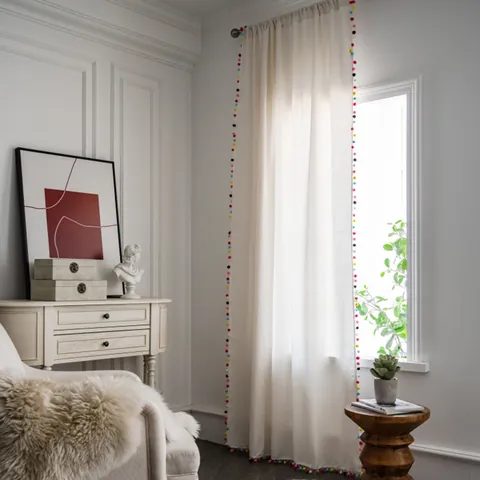 Cortina Terminada de Lino de Algodón Nórdico Cortinaje de Ventana Semi-Sombreado Con Pompones de Colores Borlas Negras Borde de Encaje Para Dormitorio Sala de Estar Decoración Hogar