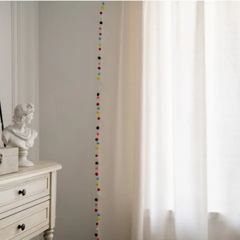 Cortina Terminada de Lino de Algodón Nórdico Cortinaje de Ventana Semi-Sombreado Con Pompones de Colores Borlas Negras Borde de Encaje Para Dormitorio Sala de Estar Decoración Hogar