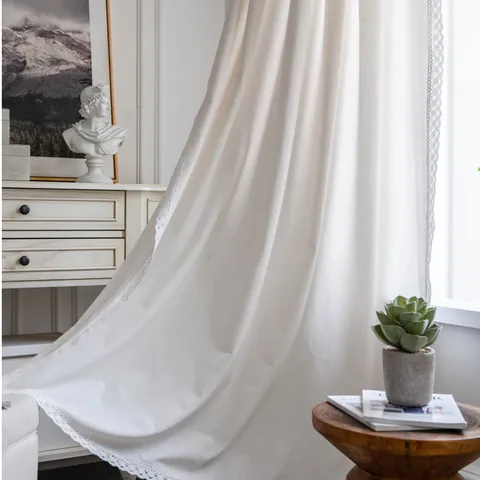 Modern Minimalist White Lace Curtain Polyester Cotton Blend Semi Blackout Window Treatment French Style Curtains For Bedroom Living Room