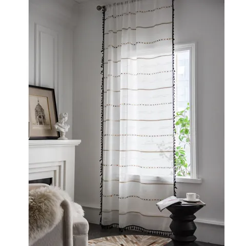 Cortinas Traslúcidas Modernas de Hilo de Lino Con Borlas Negras Pompones de Colores Tratamientos de Ventanas a Rayas Para Sala de Estar