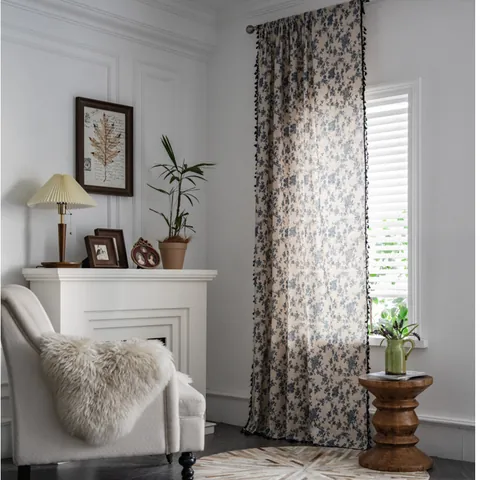 Cortina Estampada Floral de Algodón y Lino de Estilo Rústico Americano Con Borde de Borlas Negras Cortinas Semi Sombreadas Para Cocina Dormitorio Sala de Estar Tratamiento de Ventana Vintage