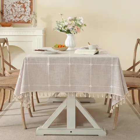 Nordic Style Cotton Linen Checkered Tablecloth With Embroidered Plaid Pattern And Tassel Fringe Rectangular Square Table Cover