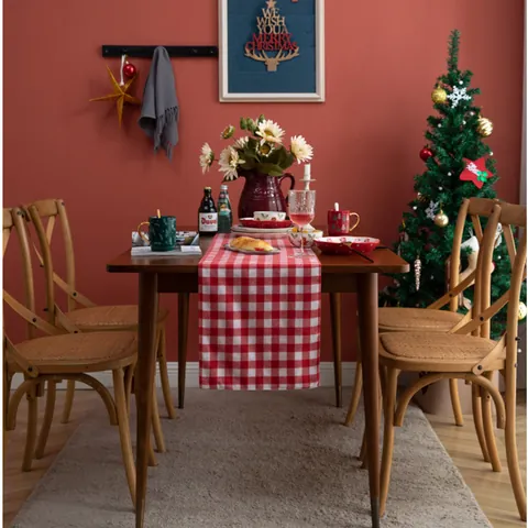 Christmas Plaid Table Runner Yarn Dyed Cotton Double Layer Gingham Table Decor For Holiday Dining Room Kitchen Home Party