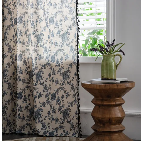 Cortina Estampada Floral de Algodón y Lino de Estilo Rústico Americano Con Borde de Borlas Negras Cortinas Semi Sombreadas Para Cocina Dormitorio Sala de Estar Tratamiento de Ventana Vintage