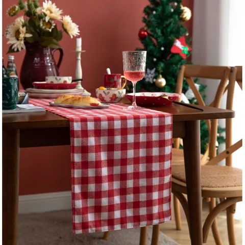 Christmas Plaid Table Runner Yarn Dyed Cotton Double Layer Gingham Table Decor For Holiday Dining Room Kitchen Home Party