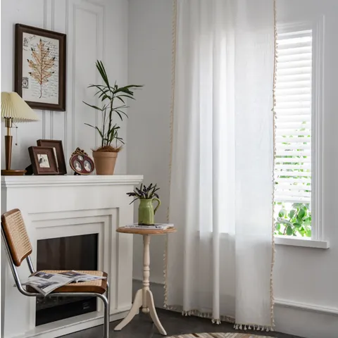 Nordisch Minimalistisch Baumwollleinen Vorhänge Mit Quasten Tunnelzug Haken Halbschattierung Slub Textur Fensterdekoration Wohnzimmer Schlafzimmer