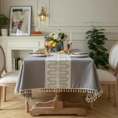 Amerikaanse Retro Jacquard Tafelkleed Met Kwastjes Faux Linnen Polyester Tafelkleed Voor Eetkamer Keuken Decoratie