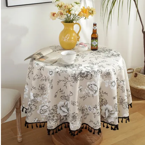 Mantel Redondo de Algodón y Lino Con Borde de Borlas Estampado Floral de Árbol Retro Lavable Antipolvo Cubierta de Mesa para Hogar Comedor Cocina Decoración