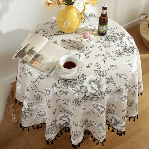 Mantel Redondo de Algodón y Lino Con Borde de Borlas Estampado Floral de Árbol Retro Lavable Antipolvo Cubierta de Mesa para Hogar Comedor Cocina Decoración