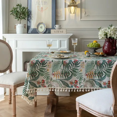 Nordic Vintage Slub Linen Tablecloth With Tassels Tropical Plant Monstera Floral Print Rectangular Dining Table Cover