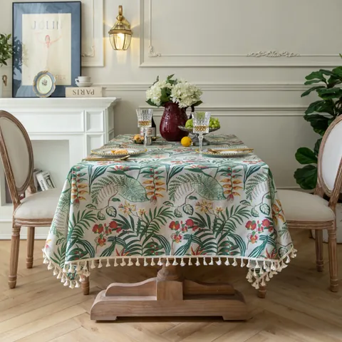 Nordic Vintage Slub Linen Tablecloth With Tassels Tropical Plant Monstera Floral Print Rectangular Dining Table Cover