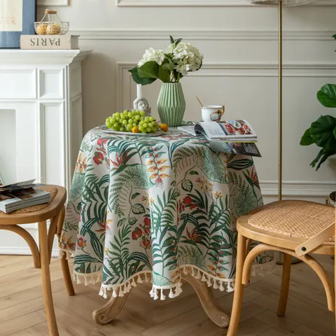Tovaglia Rotonda Vintage Stampa Foglie Tropicali Botaniche in Misto Cotone e Lino Con Nappine per Cucina Casa Sala da Pranzo