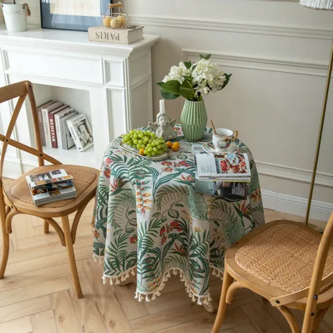 Tovaglia Rotonda Vintage Stampa Foglie Tropicali Botaniche in Misto Cotone e Lino Con Nappine per Cucina Casa Sala da Pranzo
