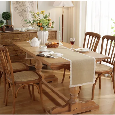 Natuurlijke Jute Tafelloper Met Kant Rand Landelijke Decoratie Voor Bruiloft Feest Eetkamer Thuis Tafeldecoratie