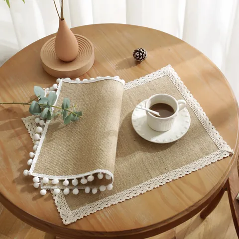 Nordic Jute Placemat With White Lace Pom Pom Trim Natural Woven Heat Resistant Rectangular Round Dining Table Mat Decor
