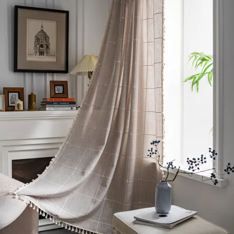 Nordisch Karierte Quasten Vorhänge Polyester Baumwolle Jacquard Halb-Beschattung Fensterbehandlungen Stangentasche Haken Dekor