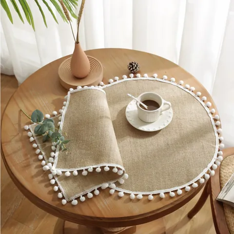 Nordic Jute Placemat With White Lace Pom Pom Trim Natural Woven Heat Resistant Rectangular Round Dining Table Mat Decor