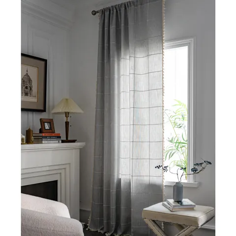Nordisch Karierte Quasten Vorhänge Polyester Baumwolle Jacquard Halb-Beschattung Fensterbehandlungen Stangentasche Haken Dekor