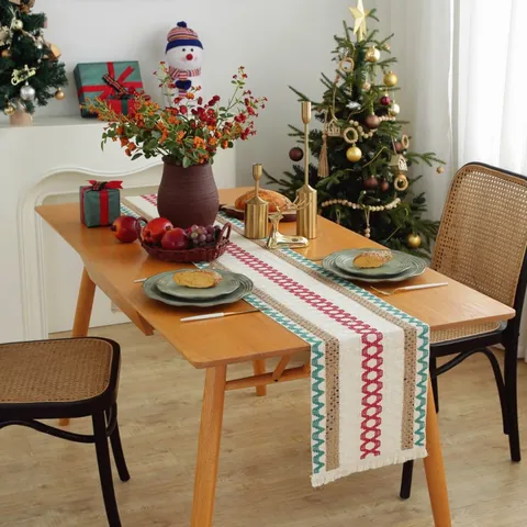 Bohemian Christmas Table Runner Woven Cotton Linen Geometric Striped Table Runner With Tassels Red Green Holiday Table Decor For Dining Room Party