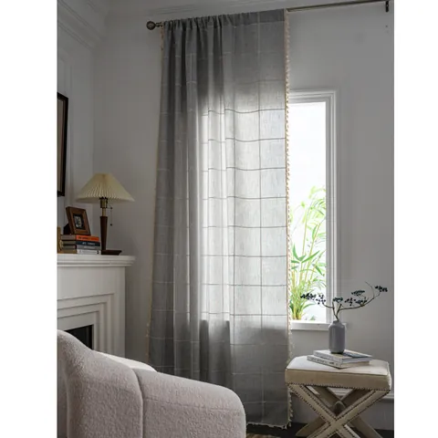 Nordic French Vintage Plaid Embroidery Curtains With Tassels Lace Semi Blackout Farmhouse Half Window Curtain Decor