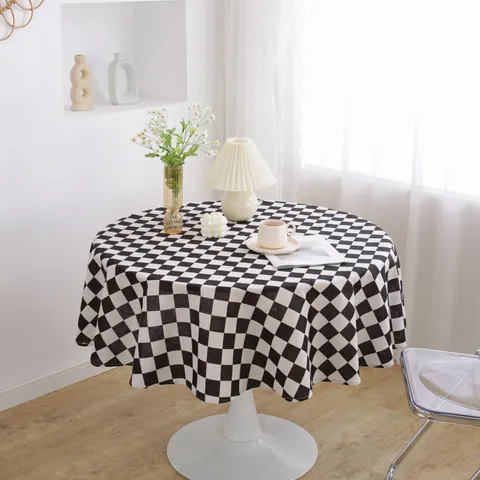 Tovaglia Rotonda Nordica in Misto Cotone e Lino Minimalista a Quadri Cervo della Foresta Motivo Geometrico Antipolvere Decorativa Copritavolo