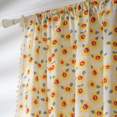Nordic Cotton Linen Sunflower Floral Printed Curtains With Tassel Edge Rod Pocket Hook Top Semi Blackout Window Drapes