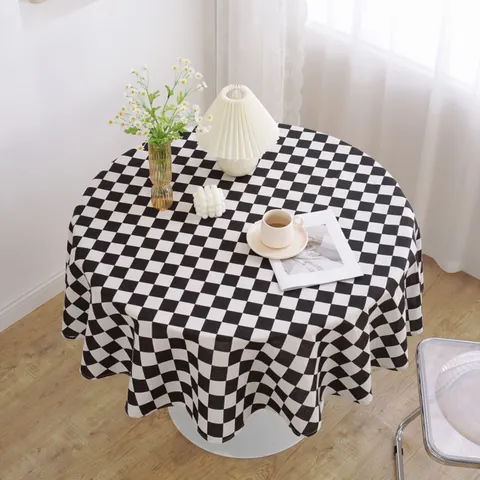 Tovaglia Rotonda Nordica in Misto Cotone e Lino Minimalista a Quadri Cervo della Foresta Motivo Geometrico Antipolvere Decorativa Copritavolo