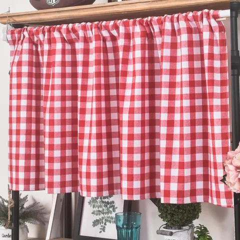 Rideau Court à Carreaux Rouges et Blancs Lambrequin Polyester Coton Pour Meuble Cuisine Poche Tringle Style Minimaliste