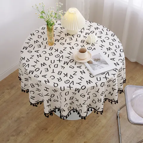 Mantel Redondo de Lino de Algodón Nórdico Minimalista Moderno con Estampado de Alfabeto Lunares y Flecos de Borlas Negras
