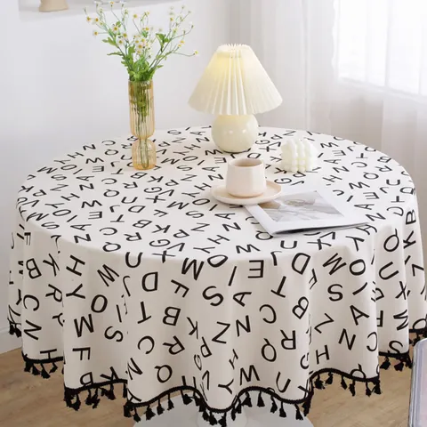Mantel Redondo de Lino de Algodón Nórdico Minimalista Moderno con Estampado de Alfabeto Lunares y Flecos de Borlas Negras