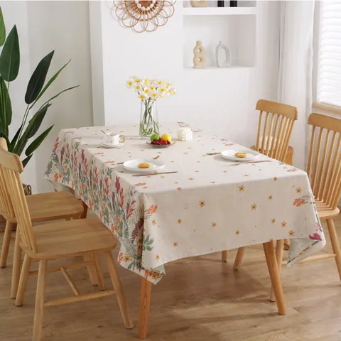 Rural Slub Linen Tablecloth With Tassels Botanical Floral Print Rectangular Dining Table Cover For Home Kitchen Decor