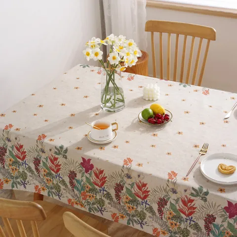 Rural Slub Linen Tablecloth With Tassels Botanical Floral Print Rectangular Dining Table Cover For Home Kitchen Decor