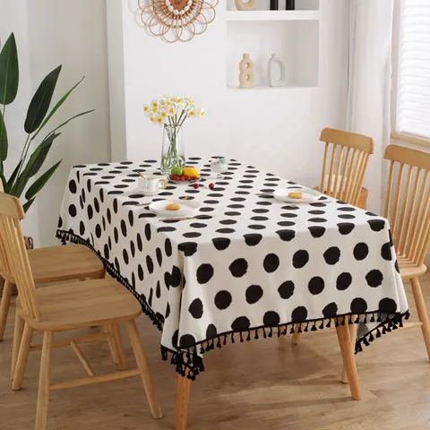 Mantel de Algodón y Lino Nórdico Rectangular Redondo Con Flecos Estampado de Lunares Letras Estilo INS Simple Cubierta de Mesa