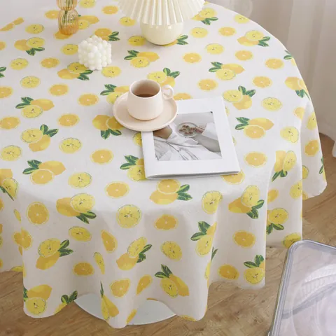 Mantel Redondo de Algodón y Lino Estilo Nórdico Patrón de Limón Rejilla Botánica Cubierta de Mesa Para Comedor Cocina