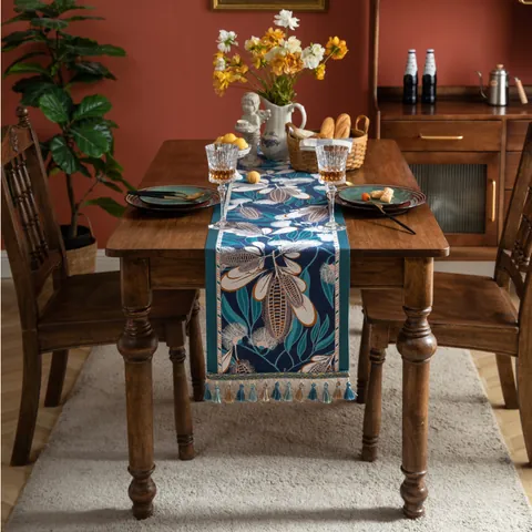 Camino de Mesa Jacquard de Poliéster Vintage Americano Con Borlas Patrón Floral Hoja Pez Ciervo Para Decoración de Comedor Hogar