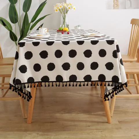 Mantel de Algodón y Lino Nórdico Rectangular Redondo Con Flecos Estampado de Lunares Letras Estilo INS Simple Cubierta de Mesa