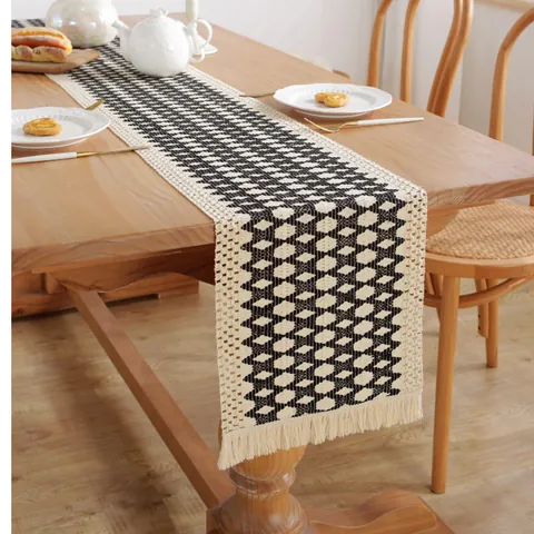 Camino de Mesa Tejido de Algodón y Lino Bohemio Con Borlas Camino de Mesa Geométrico para Comedor Decoración de Boda